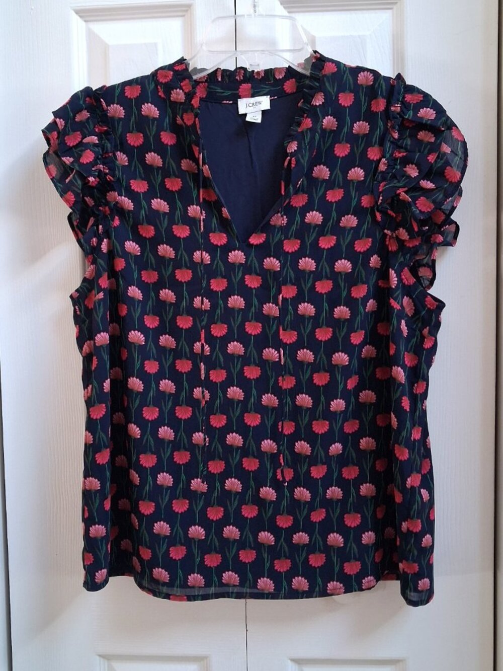 J CREW Navy w/Pink Flowers Ruffle Shoulder Cap Sleeve Blouse sz M
